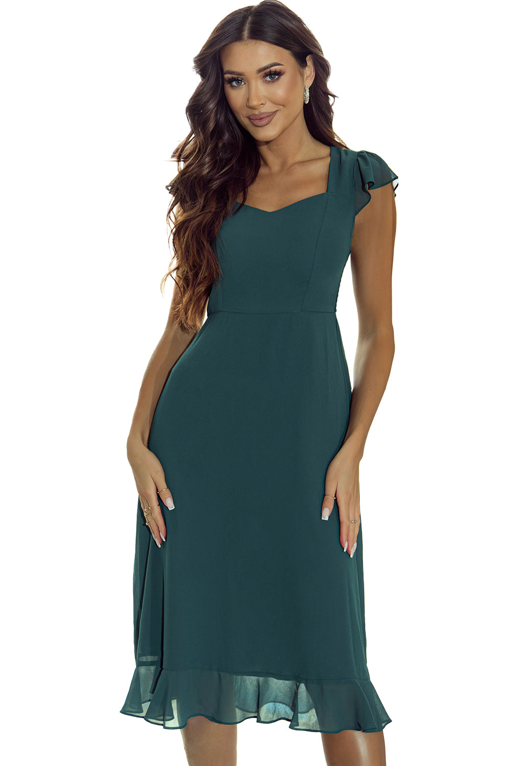 Sea Green Shirred Open Back Sweetheart Neck Ruffled Midi Dress Blue Zone Planet