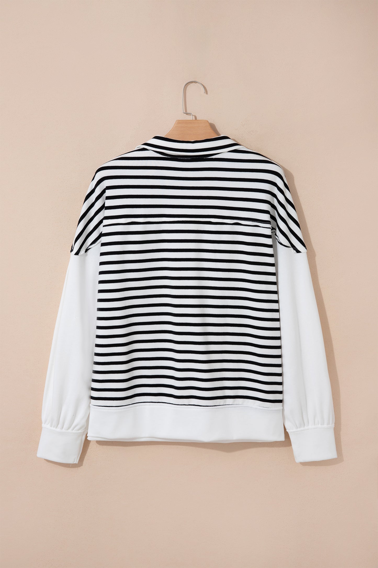 White Stripe Color Block Long Puff Sleeve Metal Zip-Up Collar Top-Tops/Long Sleeve Tops-[Adult]-[Female]-2022 Online Blue Zone Planet