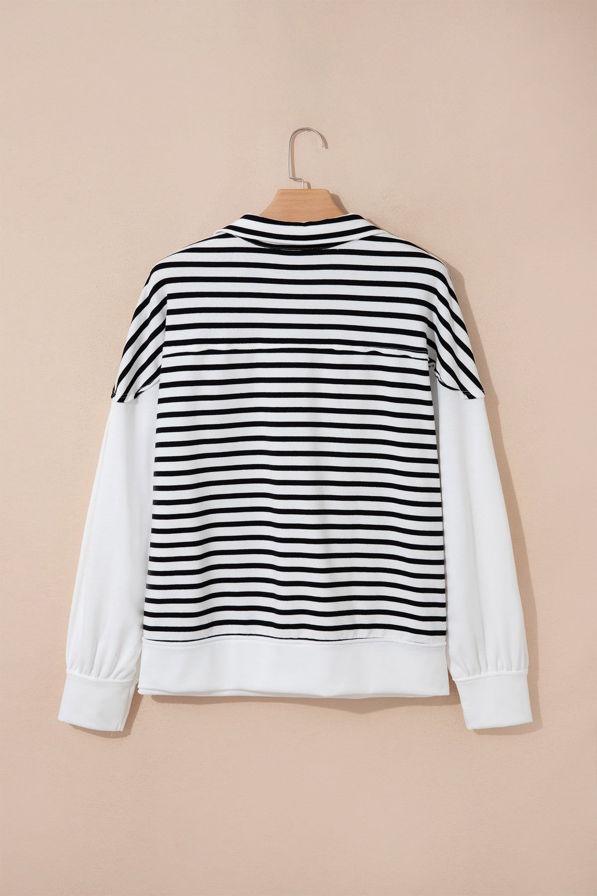 White Stripe Color Block Long Puff Sleeve Metal Zip-Up Collar Top-Tops/Long Sleeve Tops-[Adult]-[Female]-2022 Online Blue Zone Planet