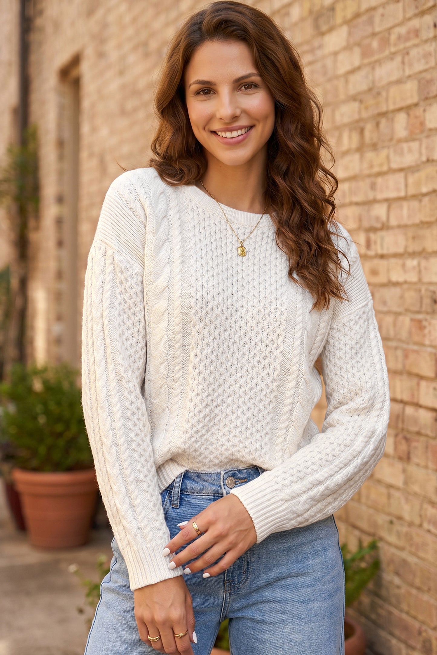 Beige Solid Color Cable Detail Knit Loose Round Neck Sweater-Sweaters & Cardigans/Sweaters-[Adult]-[Female]-2022 Online Blue Zone Planet