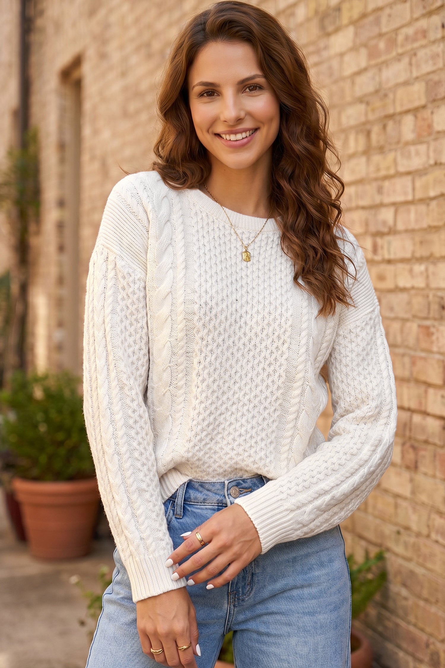 Beige Solid Color Cable Detail Knit Loose Round Neck Sweater-Sweaters & Cardigans/Sweaters-[Adult]-[Female]-2022 Online Blue Zone Planet