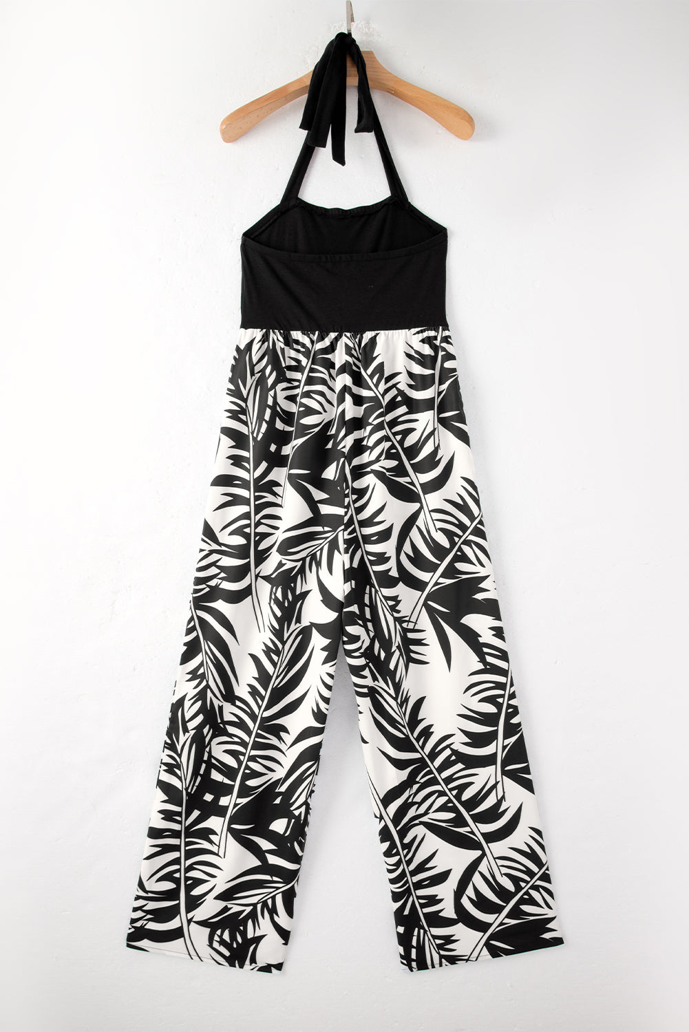 Black Halter Tropical Plant Print Wide Leg Jumpsuit Blue Zone Planet