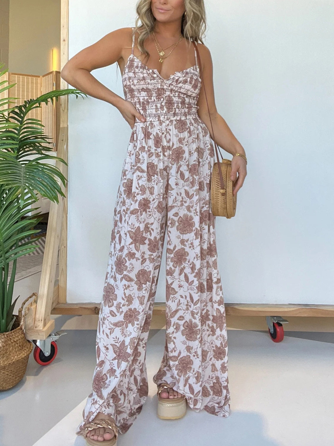 Full Size Printed Spaghetti Strap Wide Leg Jumpsuit-TOPS / DRESSES-[Adult]-[Female]-Mocha-S-2022 Online Blue Zone Planet