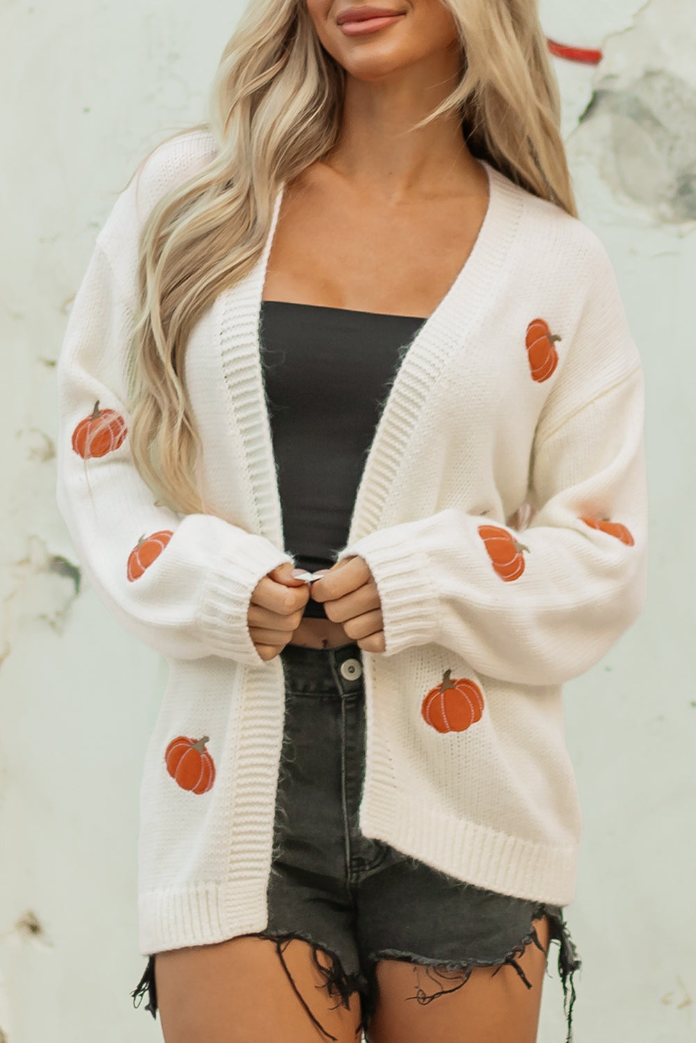 White Pumpkin Print Open Front Drop Shoulder Midi Cardigan-Sweaters & Cardigans/Cardigans-[Adult]-[Female]-2022 Online Blue Zone Planet