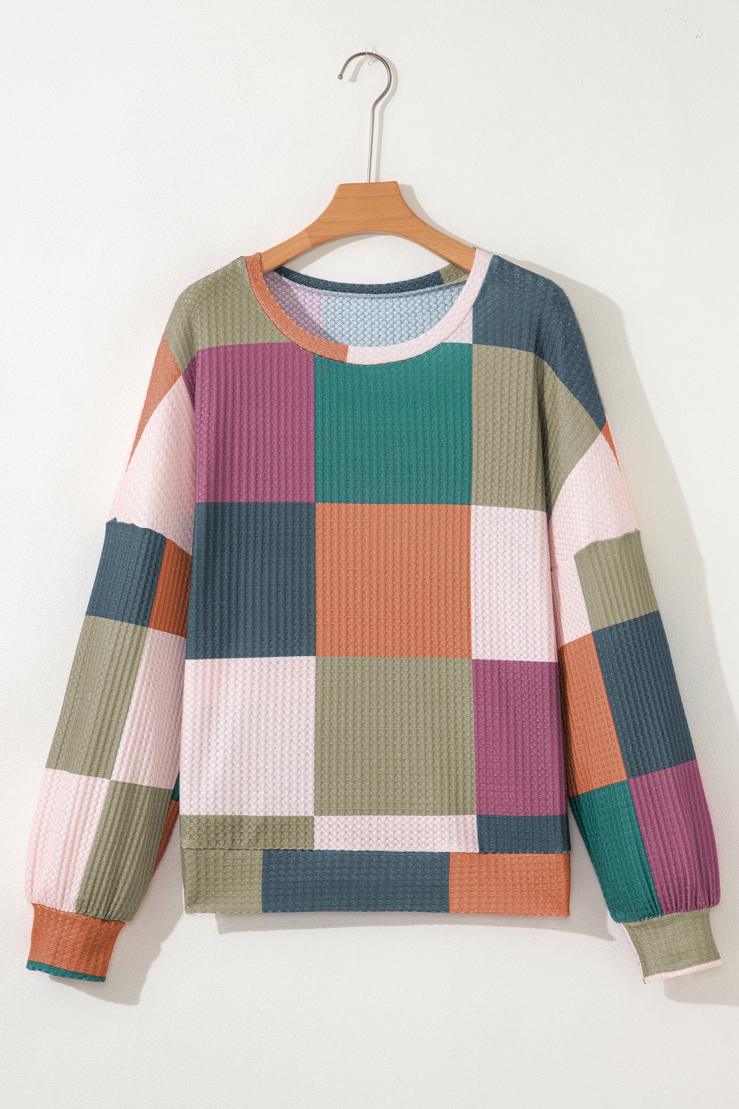 Green Checkered Print Textured Knit Long Sleeve Loose Top-Tops/Long Sleeve Tops-[Adult]-[Female]-2022 Online Blue Zone Planet