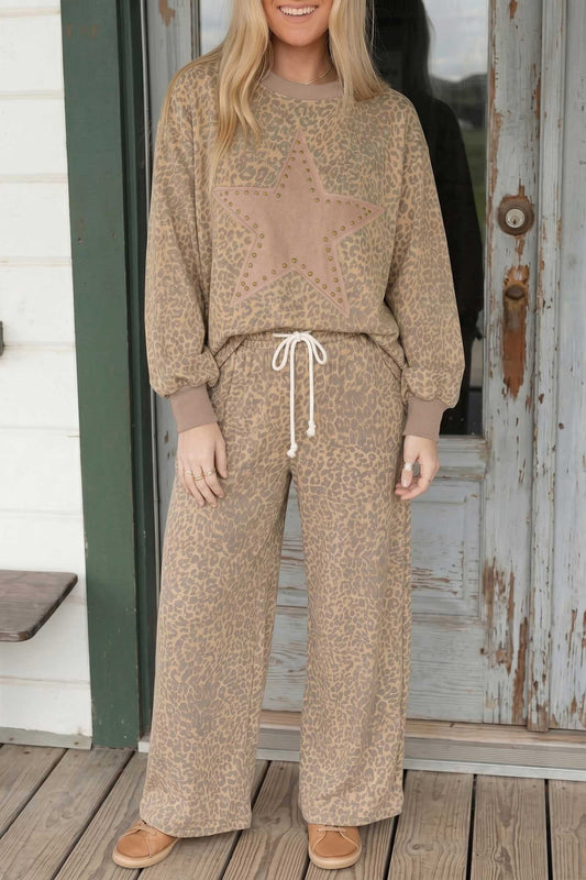 Khaki Leopard Star Print Long Sleeve Loose Casual Two Piece Pants Set-Two Piece Sets/Pant Sets-[Adult]-[Female]-Khaki-S-2022 Online Blue Zone Planet