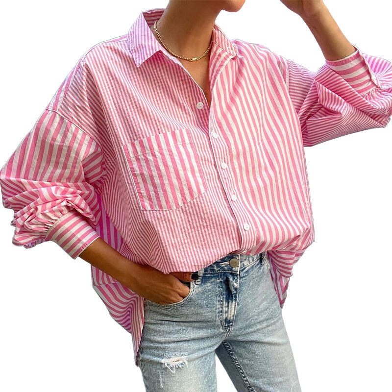 Striped Button Down Long Sleeve Shirt-TOPS / DRESSES-[Adult]-[Female]-2022 Online Blue Zone Planet