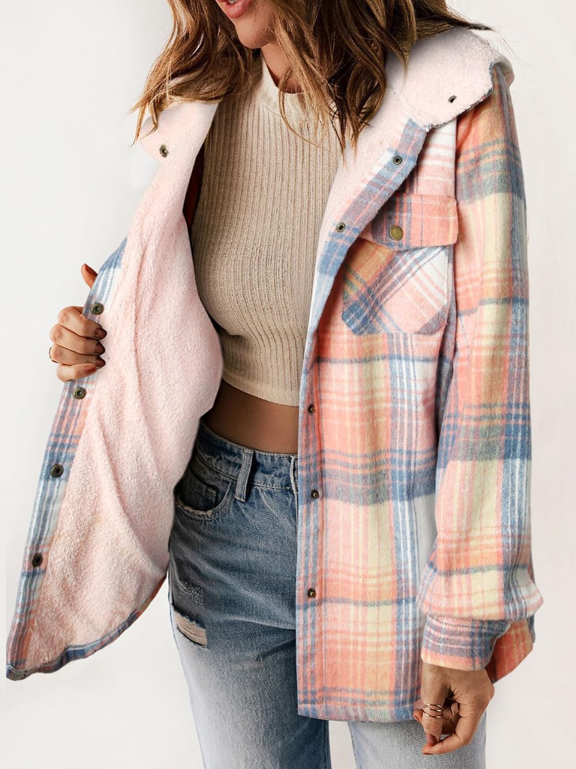 Plaid Snap Down Plush Hooded Jacket-TOPS / DRESSES-[Adult]-[Female]-Blush Pink-S-2022 Online Blue Zone Planet