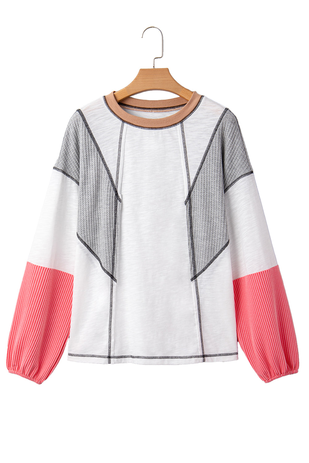 White Contrast Block Mixed Textured Knit Patchwork Casual Top-Tops/Long Sleeve Tops-[Adult]-[Female]-2022 Online Blue Zone Planet
