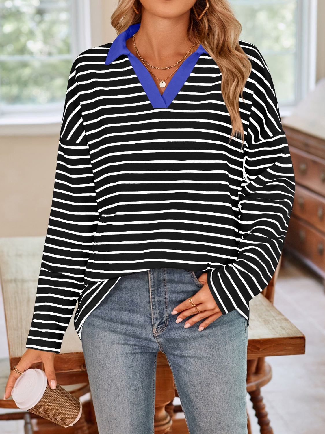 Blue Zone Planet | Lovelet Striped Johnny Collar Long Sleeve T-Shirt-TOPS / DRESSES-[Adult]-[Female]-2022 Online Blue Zone Planet