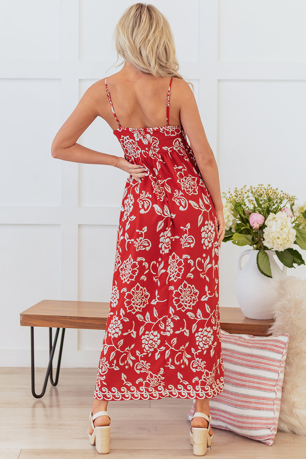 Red Floral Printed Spaghetti Strap Empire Waist Maxi Dress-TOPS / DRESSES-[Adult]-[Female]-2022 Online Blue Zone Planet