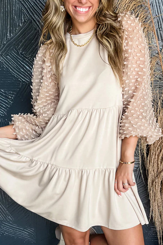 Beige Embellished Puff Sleeve Tiered A-line Dress-TOPS / DRESSES-[Adult]-[Female]-Beige-S-2022 Online Blue Zone Planet