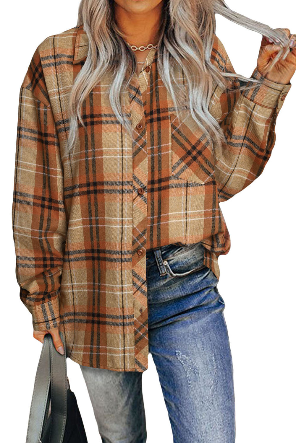 Orange Plaid Pocket Buttoned Long Sleeve Shirt-Tops/Blouses & Shirts-[Adult]-[Female]-2022 Online Blue Zone Planet