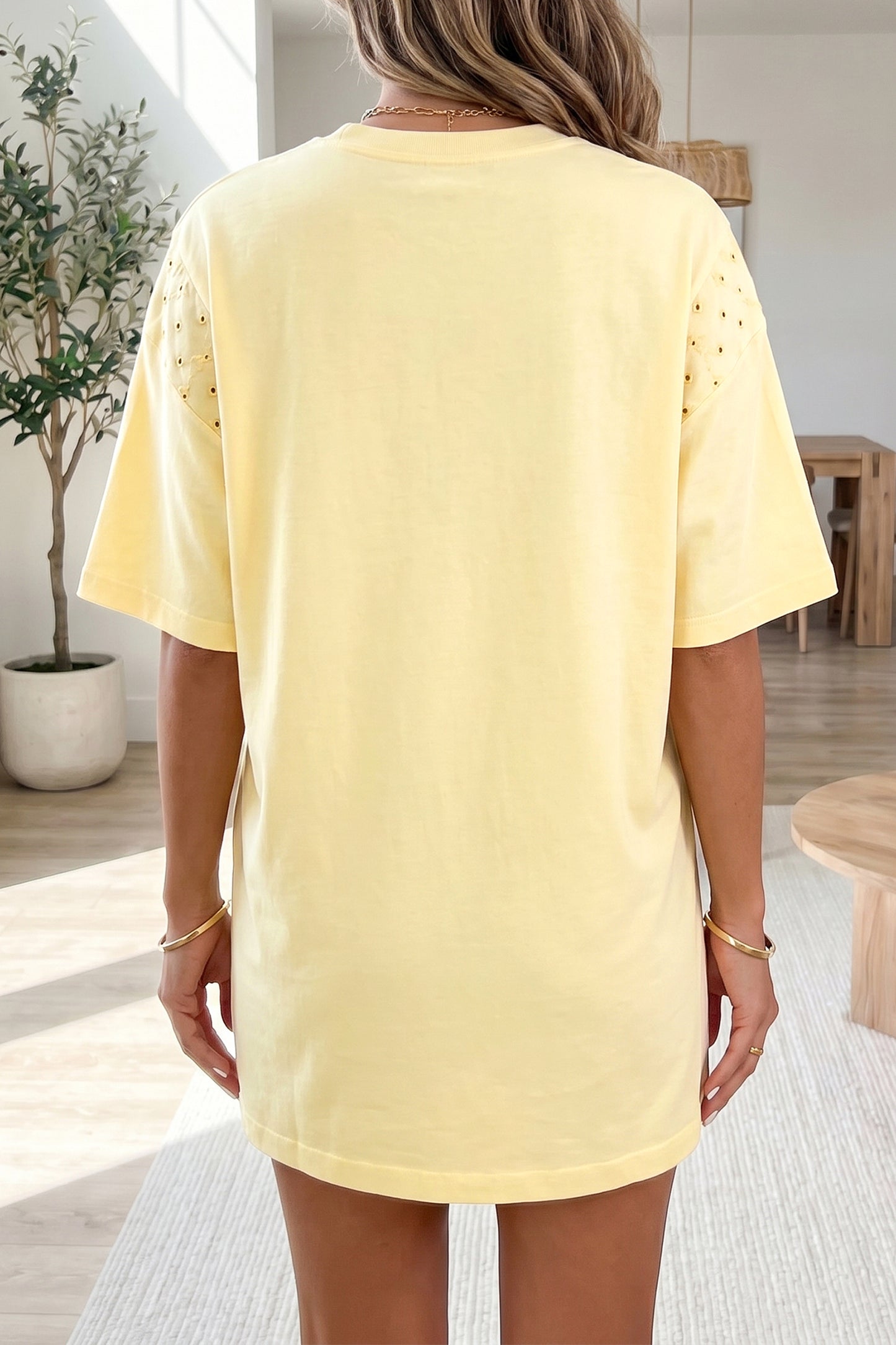 Yellow Cream Eyelet Embroidered Lace Splicing Sleeve Loose T Shirt Dress-TOPS / DRESSES-[Adult]-[Female]-2022 Online Blue Zone Planet