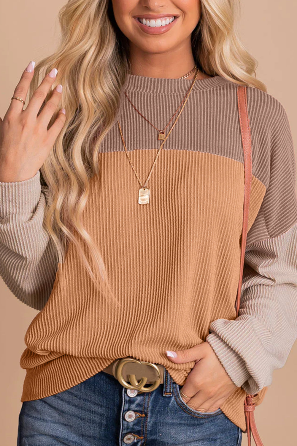 Green Color Block Long Sleeve Ribbed Loose Top-Sale (50% OFF)/30% OFF-[Adult]-[Female]-Khaki-S-2022 Online Blue Zone Planet