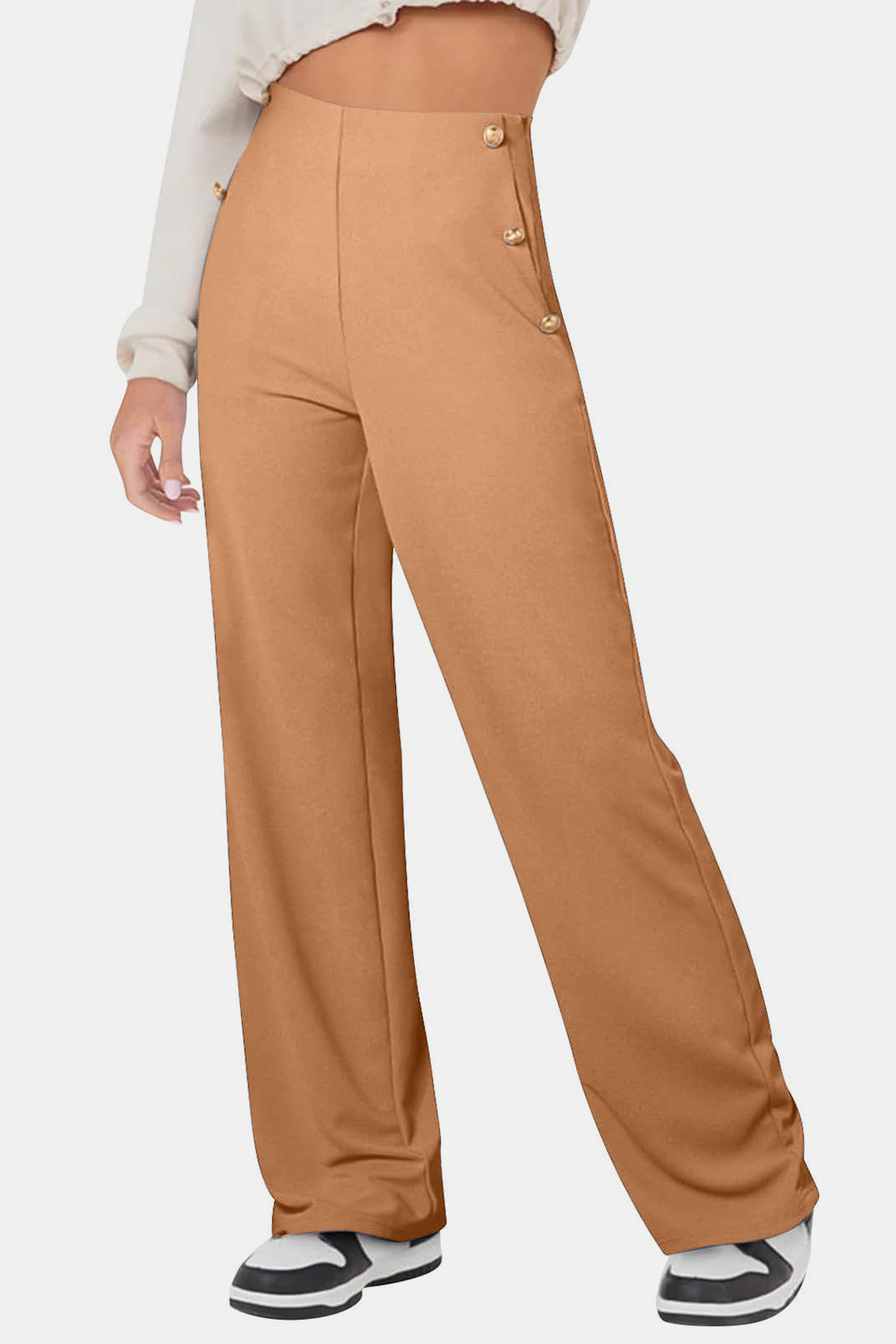 Decorative Button High Rise Pants-BOTTOMS SIZES SMALL MEDIUM LARGE-[Adult]-[Female]-2022 Online Blue Zone Planet