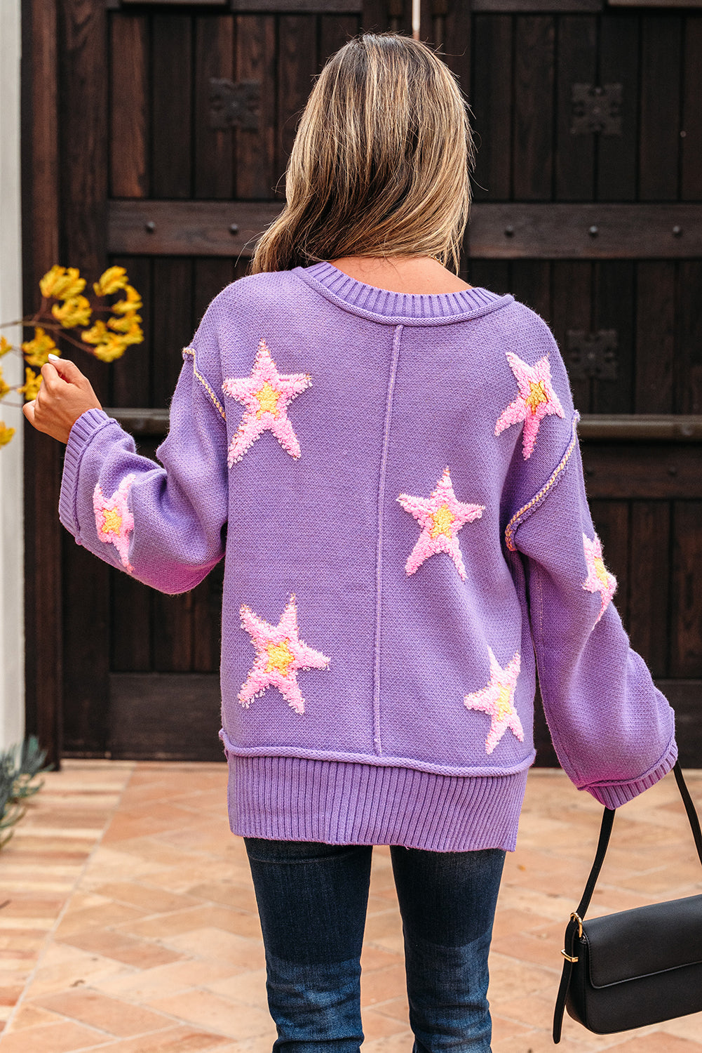 Lavendula Brushed Star Graphic V Neck Drop Shoulder Oversize Sweater-TOPS / DRESSES-[Adult]-[Female]-2022 Online Blue Zone Planet