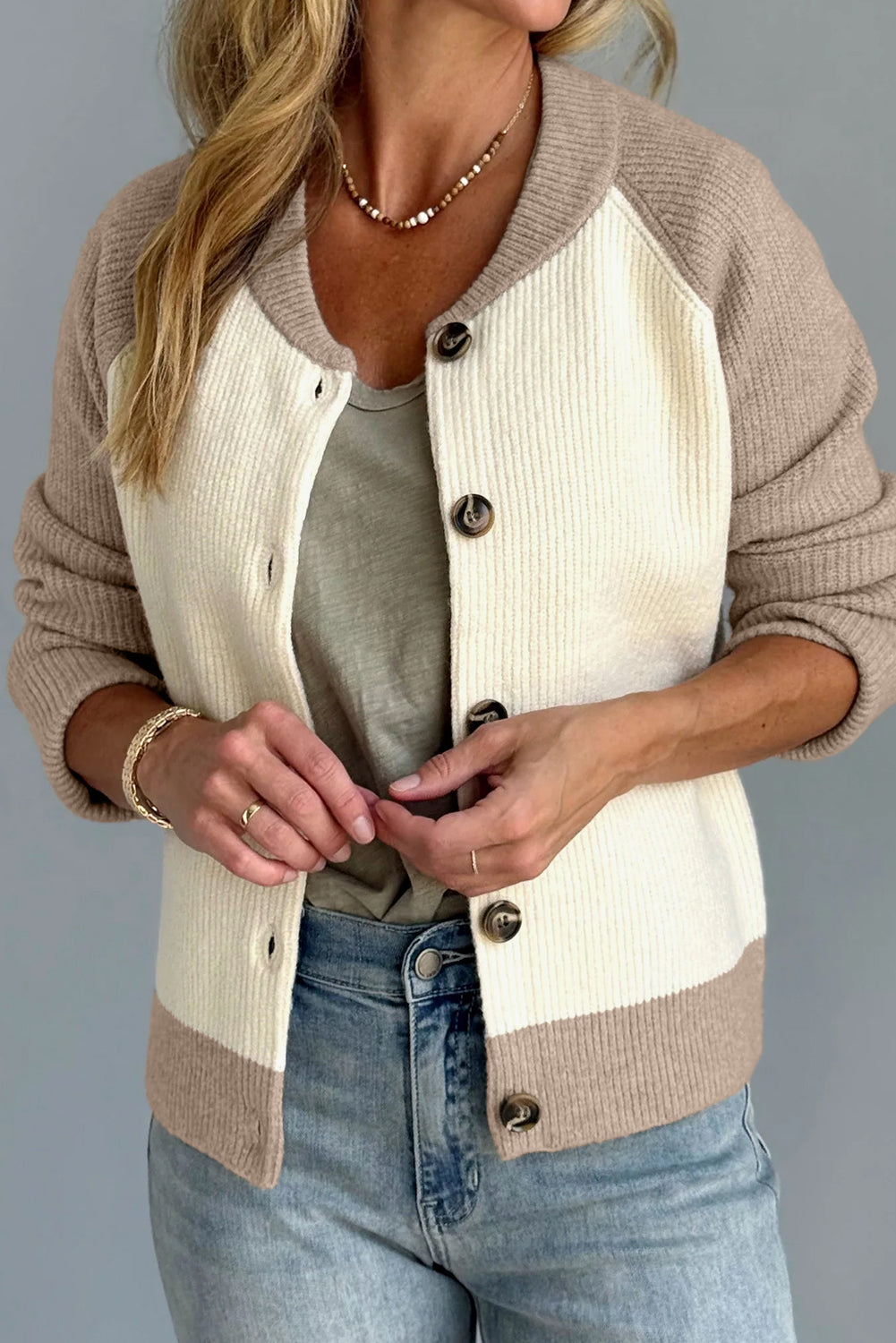 White Color Block Ribbed Knit Button Down Sweater Cardigan-Sweaters & Cardigans/Cardigans-[Adult]-[Female]-2022 Online Blue Zone Planet