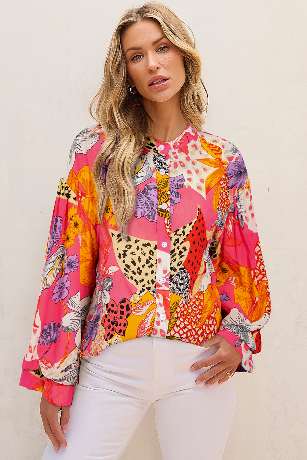 Red Abstract Floral Print Buttoned Ruffled Bubble Sleeve Shirt-Tops/Blouses & Shirts-[Adult]-[Female]-Red-S-2022 Online Blue Zone Planet