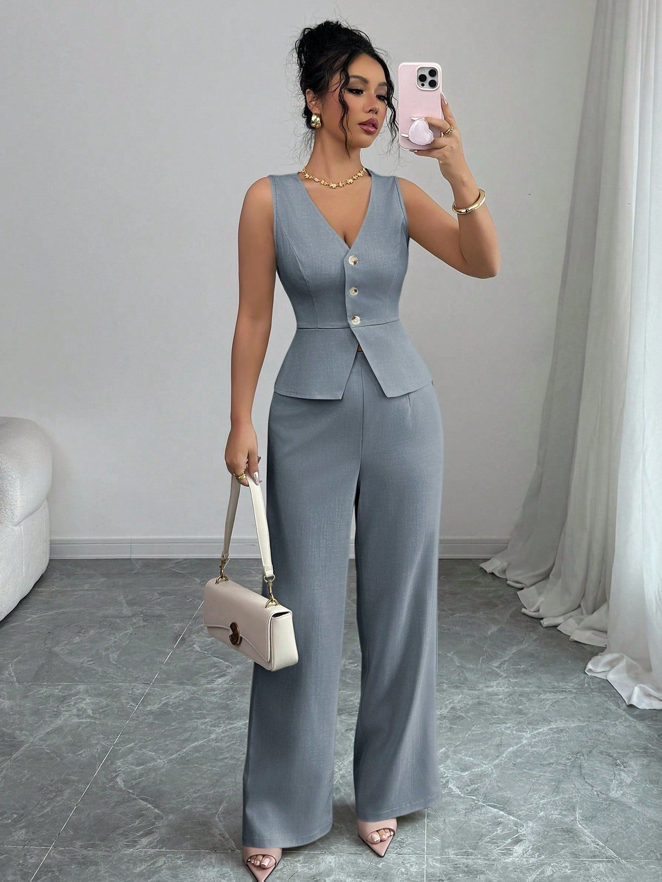 A two-piece set of solid color sleeveless slimming waistcoat and high-waisted trousers for women's clothing