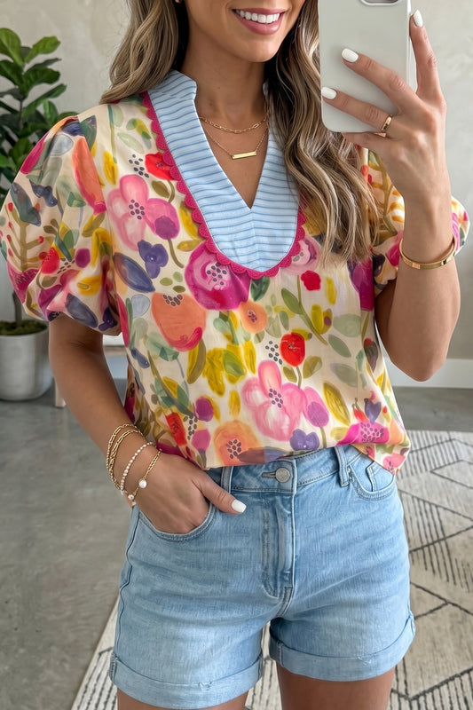 Rose Floral Print V Neck Short Puff Sleeve Cotton Blouse-Tops/Blouses & Shirts-[Adult]-[Female]-Rose-S-2022 Online Blue Zone Planet
