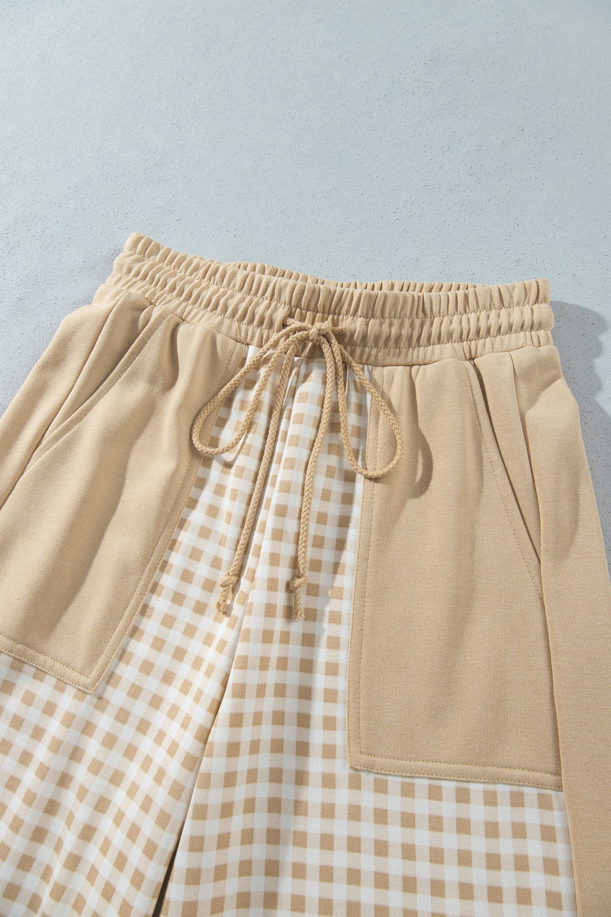 Khaki Color Block Plaid Patchwork Long Sleeve Pullover Wide Leg Pant Set-Two Piece Sets/Pant Sets-[Adult]-[Female]-2022 Online Blue Zone Planet