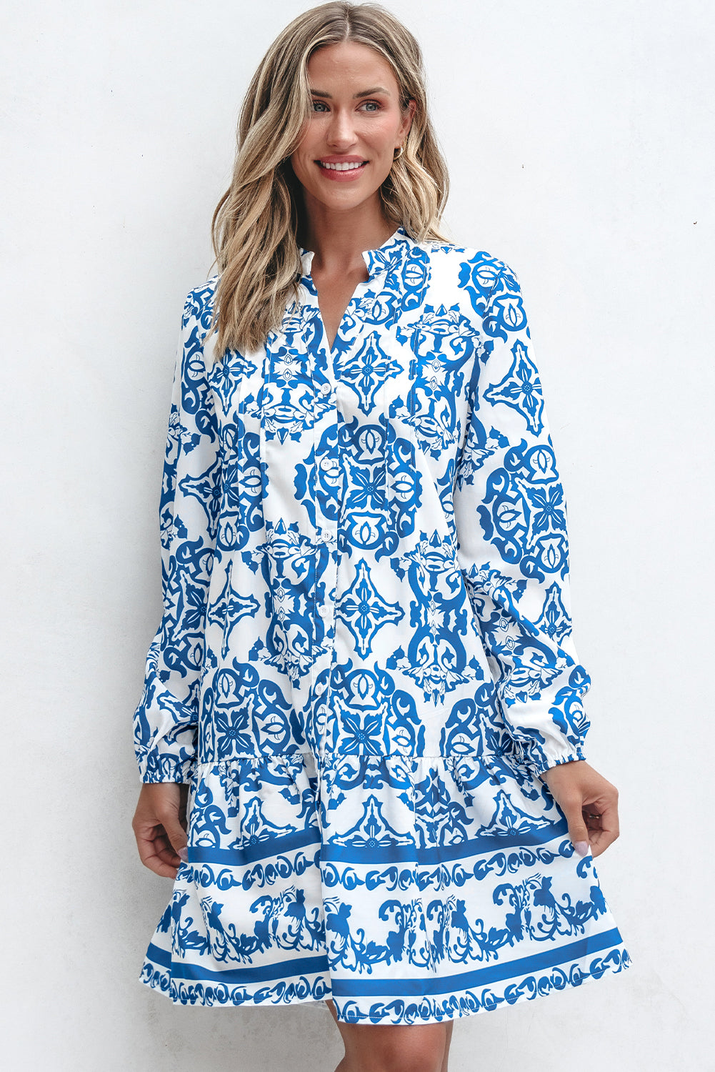 Blue Zone Planet | Sky Blue Tribal Print Button Up Notch Neck Loose Mini Dress-TOPS / DRESSES-[Adult]-[Female]-2022 Online Blue Zone Planet