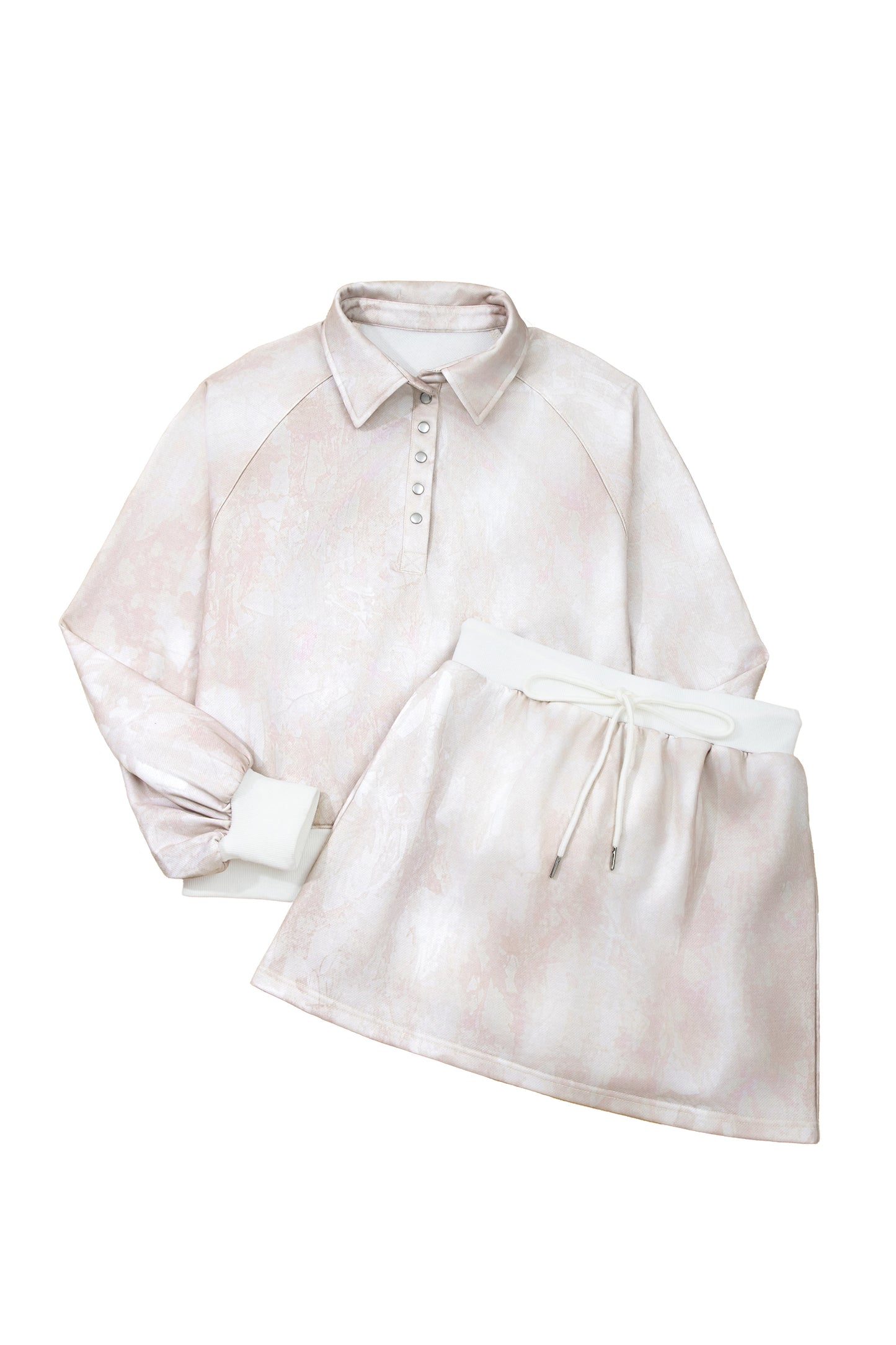White Abstract Woodland Print Balloon Sleeve Pullover Drawstring Mini Skirt Set-Two Piece Sets/Two Piece Dresses-[Adult]-[Female]-2022 Online Blue Zone Planet