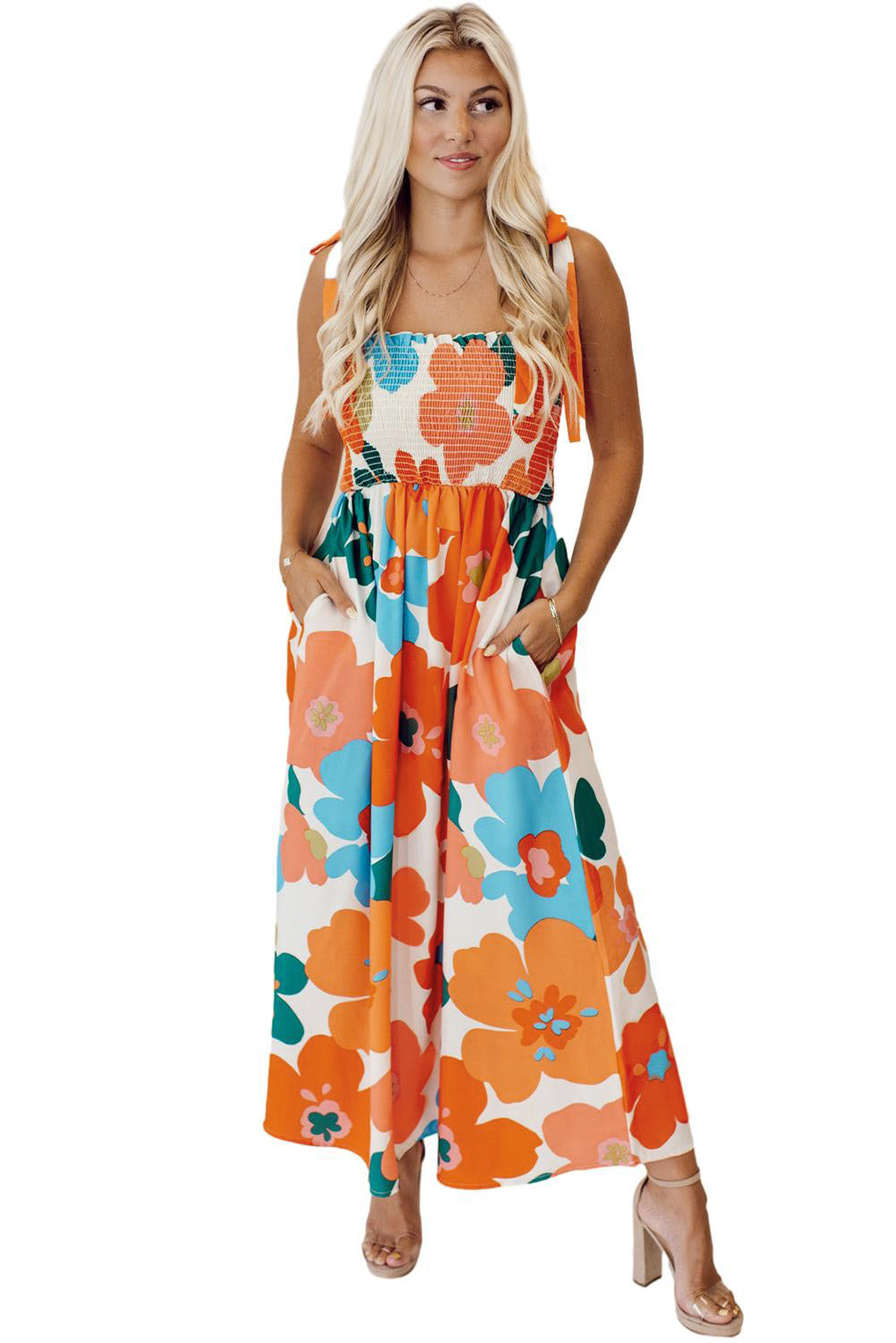 Orange Floral Self Tied Straps Smocked Bust Maxi Dress-Dresses/Floral Dresses-[Adult]-[Female]-2022 Online Blue Zone Planet