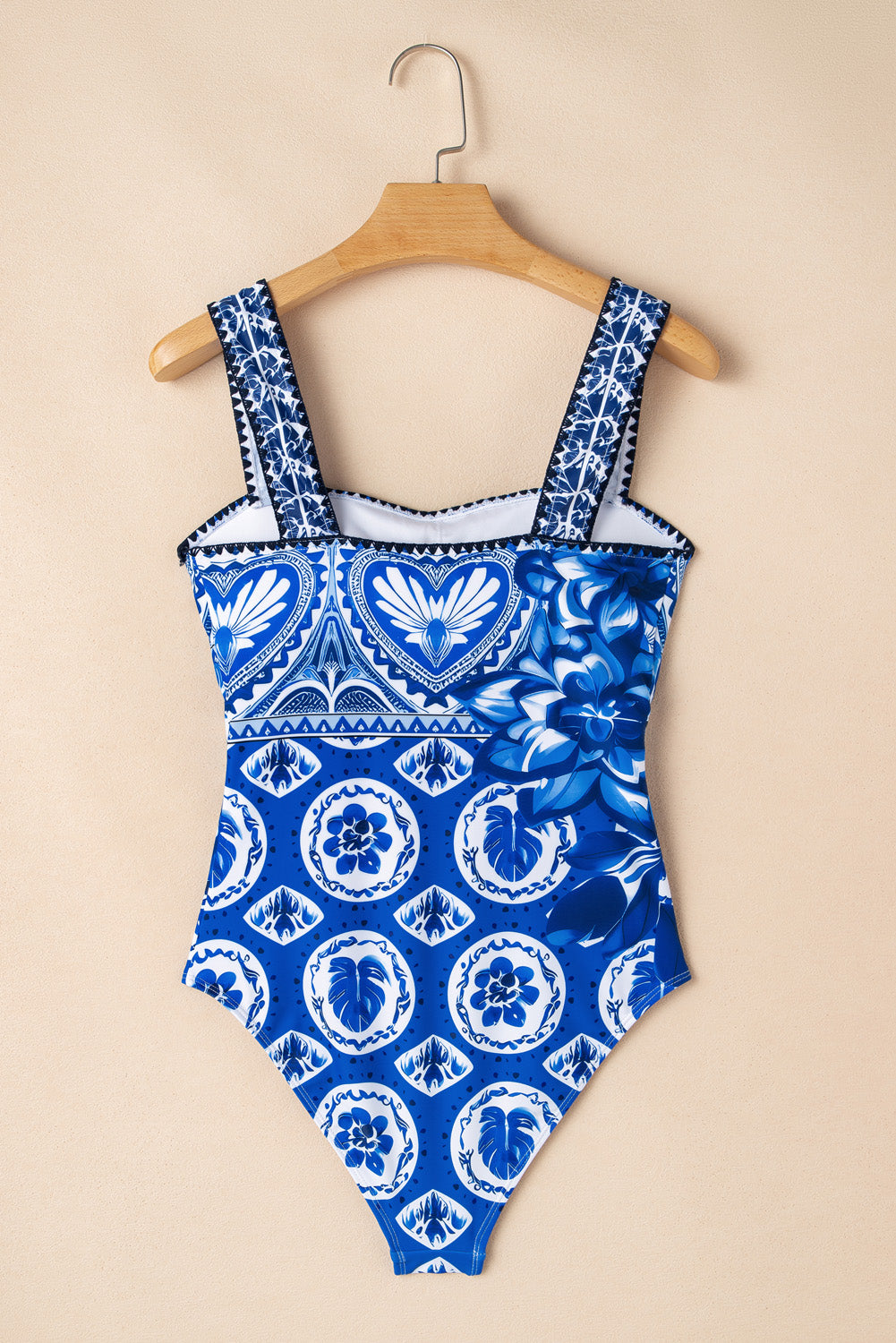 Blue Tile Pattern Ricrac Wide Straps Sheath One Piece Swimsuit-Swimwear/One Piece Swimsuit-[Adult]-[Female]-2022 Online Blue Zone Planet