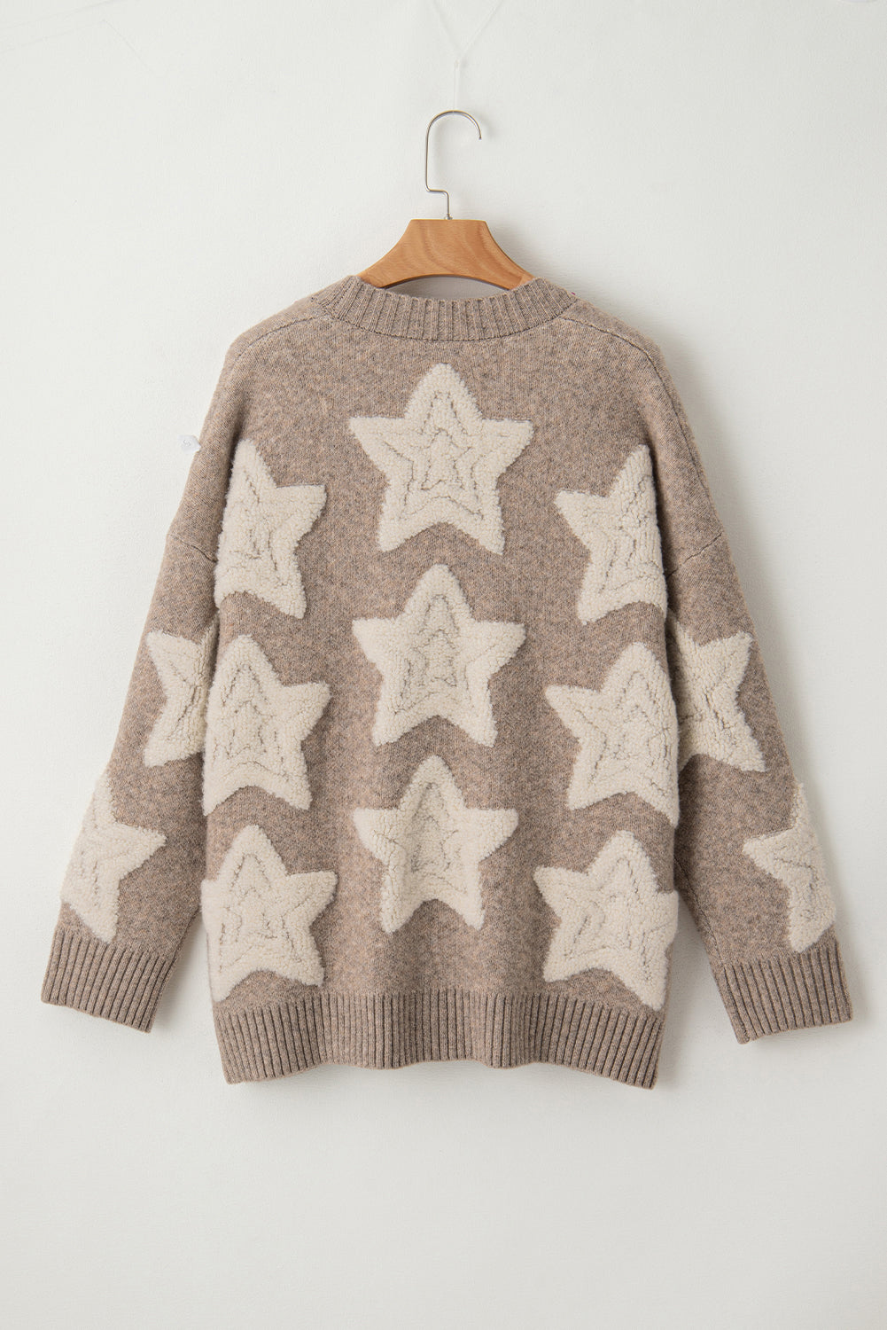 Blue Zone Planet | Pink Sherpa Star Pattern Textured Sweater Cardigan with Pockets-Sweaters & Cardigans/Cardigans-[Adult]-[Female]-2022 Online Blue Zone Planet