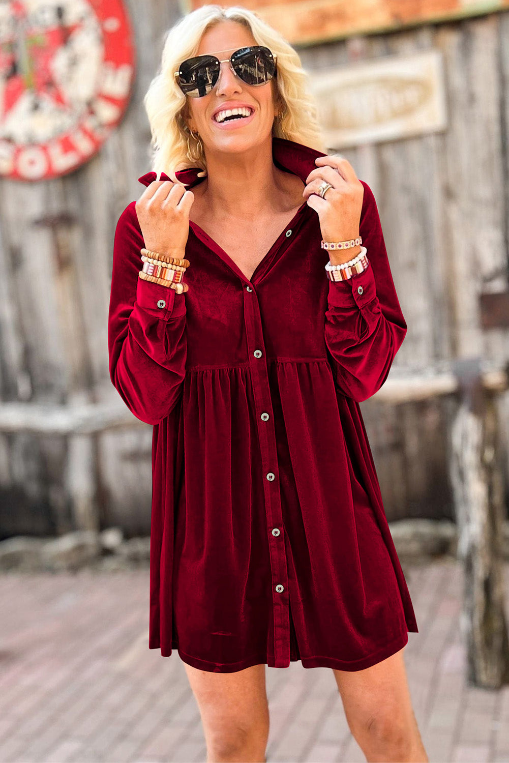 Blue Zone Planet | Fiery Red Long Sleeve Ruffle Velvet Button Up Dress-TOPS / DRESSES-[Adult]-[Female]-2022 Online Blue Zone Planet