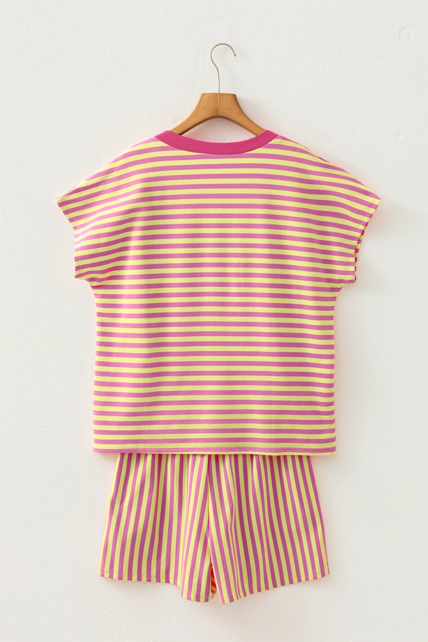 Green Stripe Colorblock Trim V Neck Tee Drawstring Elastic Waist Short Set-Two Piece Sets/Short Sets-[Adult]-[Female]-2022 Online Blue Zone Planet