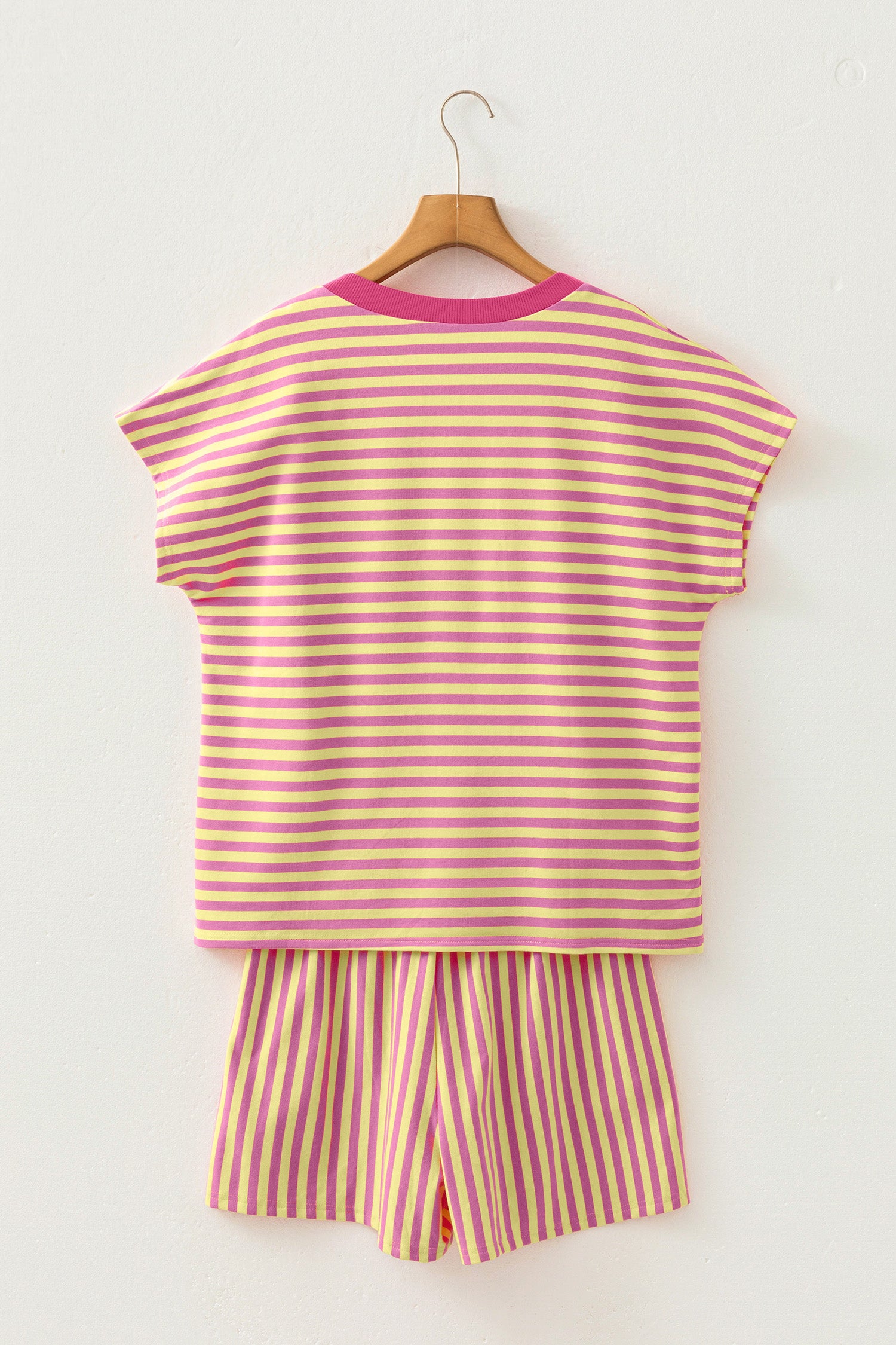 Green Stripe Colorblock Trim V Neck Tee Drawstring Elastic Waist Short Set-Two Piece Sets/Short Sets-[Adult]-[Female]-2022 Online Blue Zone Planet