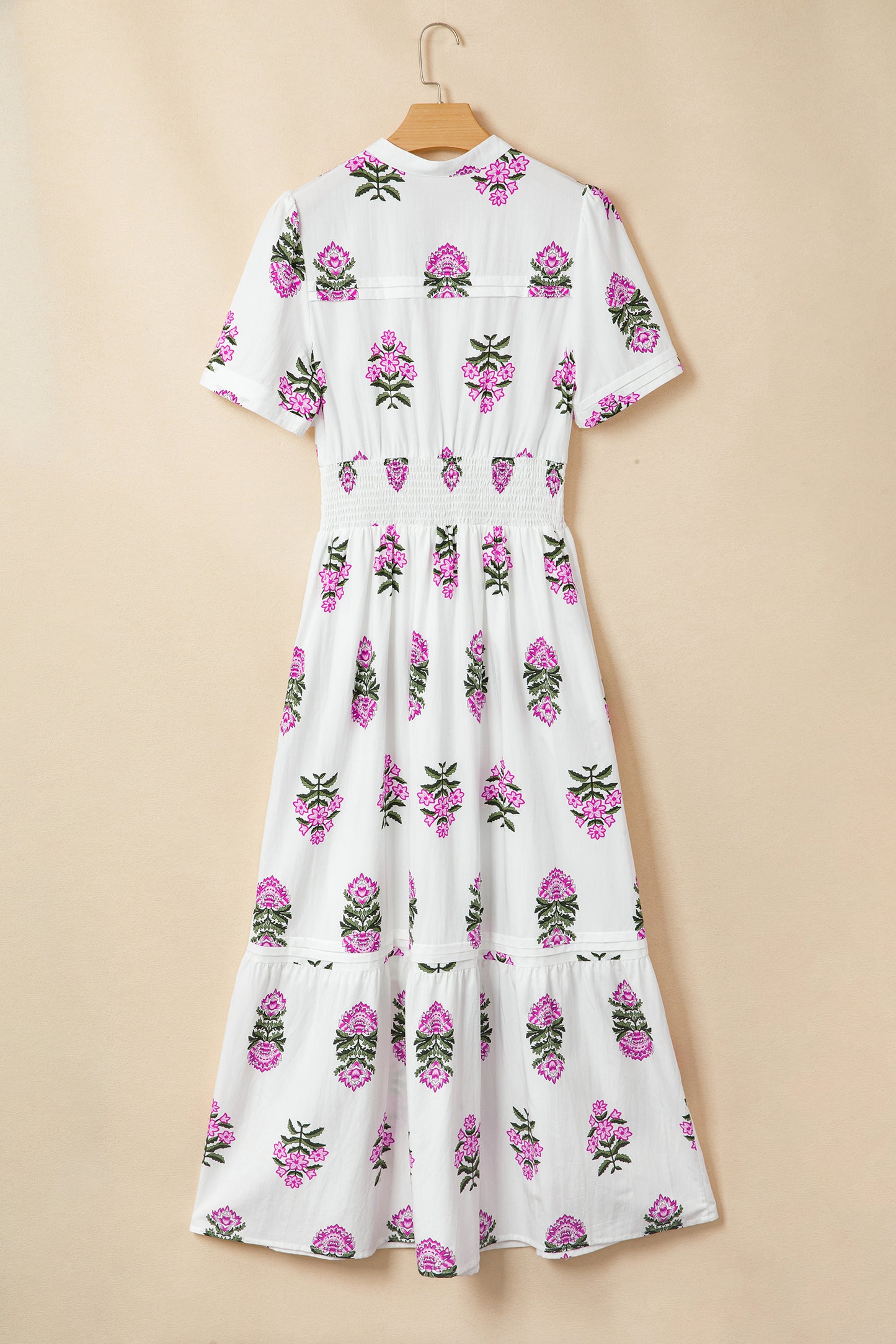 White Floral Print Split Neck Shirred High Waist Ruffle Hem Maxi Dress-TOPS / DRESSES-[Adult]-[Female]-2022 Online Blue Zone Planet