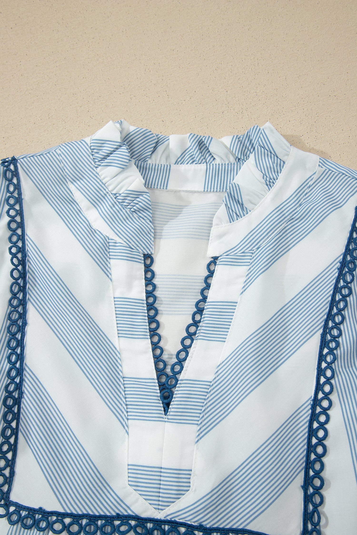 Sky Blue Stripe Subtle Lace Detail V Neck Ruffle Trim Casual Dress-TOPS / DRESSES-[Adult]-[Female]-2022 Online Blue Zone Planet