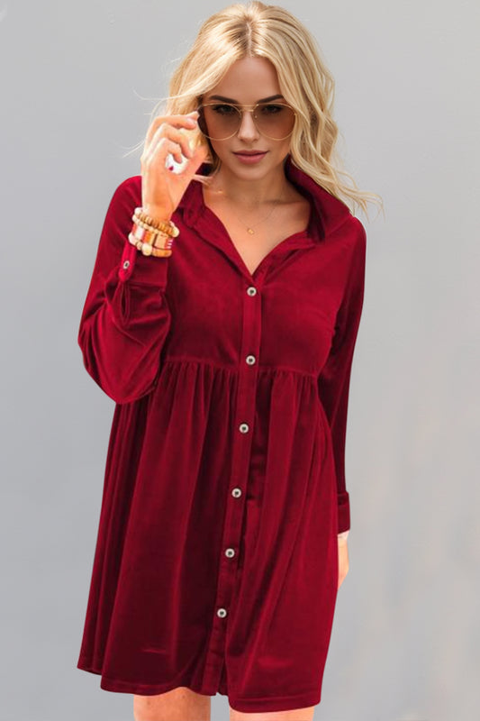 Oh Full Size Collared Neck Long Sleeve Mini Dress-TOPS / DRESSES-[Adult]-[Female]-Deep Red-S-2022 Online Blue Zone Planet