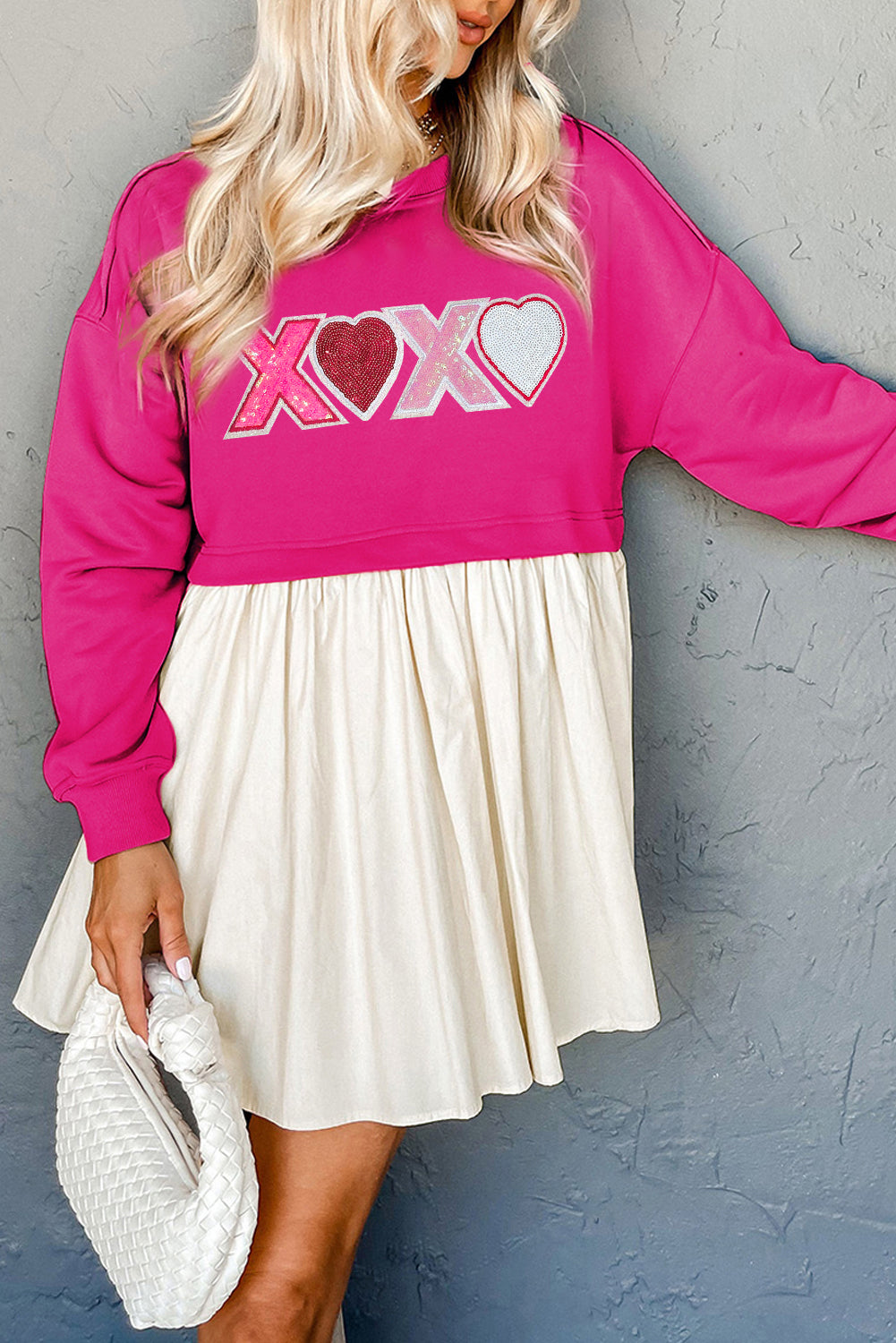 Rose Red XOXO Heart Patched Casual Sweatshirt Mini Dress-Graphic Apparel-[Adult]-[Female]-Rose Red-S-2022 Online Blue Zone Planet