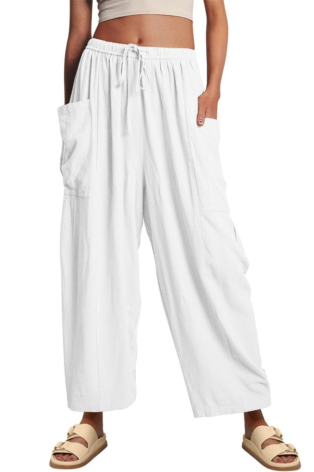 Full Size Pocketed Drawstring Wide Leg Pants-BOTTOMS SIZES SMALL MEDIUM LARGE-[Adult]-[Female]-2022 Online Blue Zone Planet