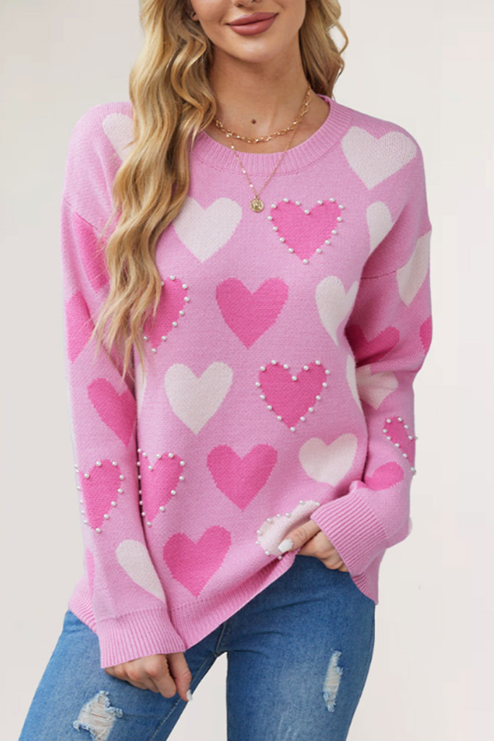 Pink Pearl Heart Graphic Round Neck Sweater-Sweaters-[Adult]-[Female]-Pink-S-2022 Online Blue Zone Planet