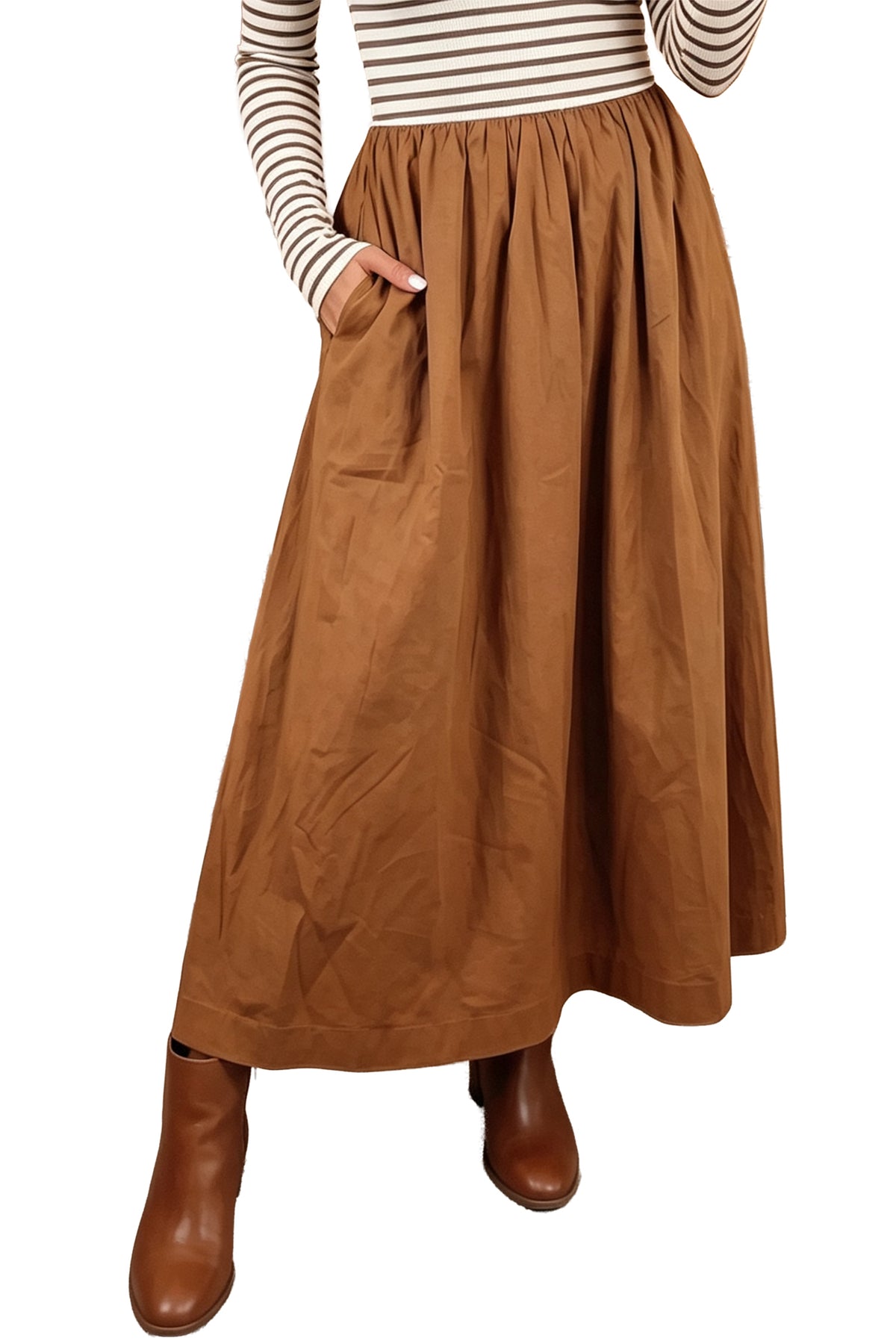 Brown Stripe Ribbed Knit Long Sleeve Bodice Contrast Patchwork Flared Dress-TOPS / DRESSES-[Adult]-[Female]-2022 Online Blue Zone Planet
