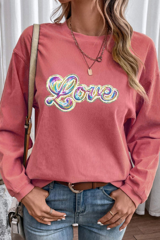 Blue Zone Planet | Valentine's Day LOVE Round Neck Long Sleeve Sweatshirt-TOPS / DRESSES-[Adult]-[Female]-Burnt Coral-S-2022 Online Blue Zone Planet