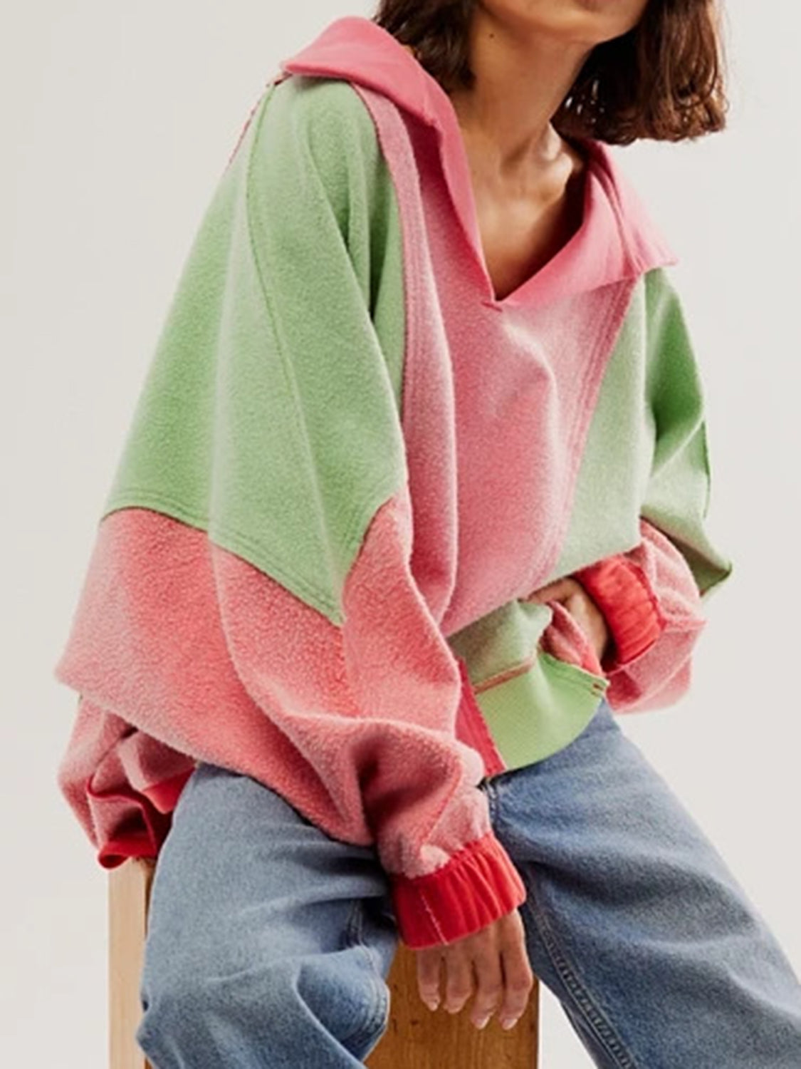 High-Low Exposed Seam Contrast Long Sleeve Sweatshirt-TOPS / DRESSES-[Adult]-[Female]-Pink/Green-S-2022 Online Blue Zone Planet