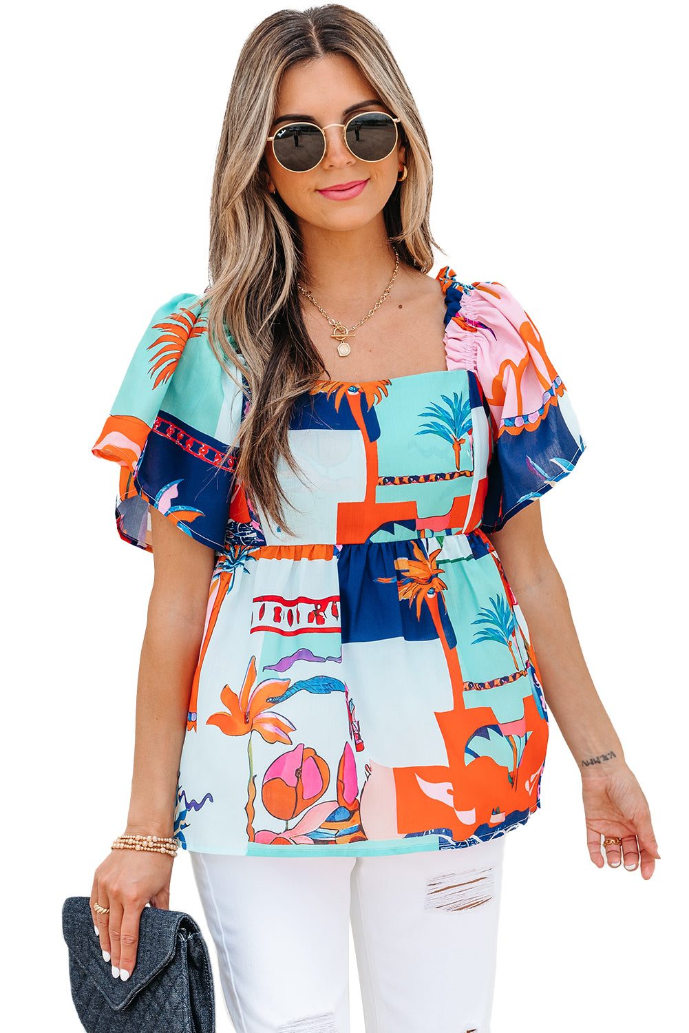 Sky Blue Tropical Printed Square Neck Flutter Sleeve Babydoll Blouse-Tops/Blouses & Shirts-[Adult]-[Female]-2022 Online Blue Zone Planet
