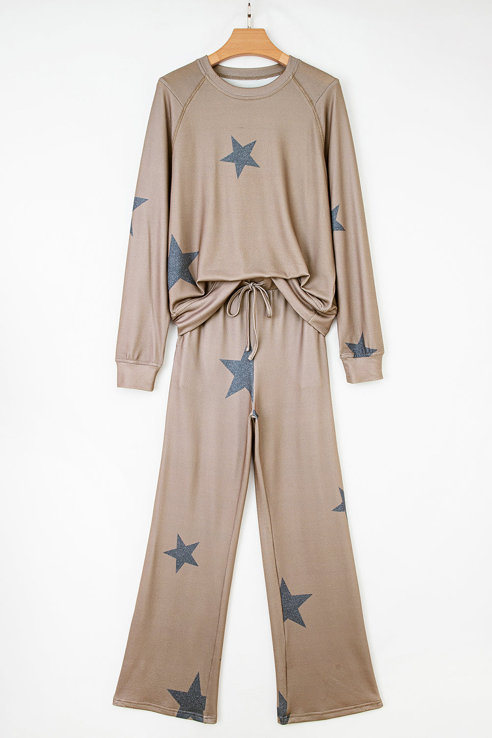 Khaki Retro Star Print Loose Long Sleeve Drawstring Wide Leg 2pcs Lounge Set-Loungewear & Sleepwear/Loungewear-[Adult]-[Female]-2022 Online Blue Zone Planet