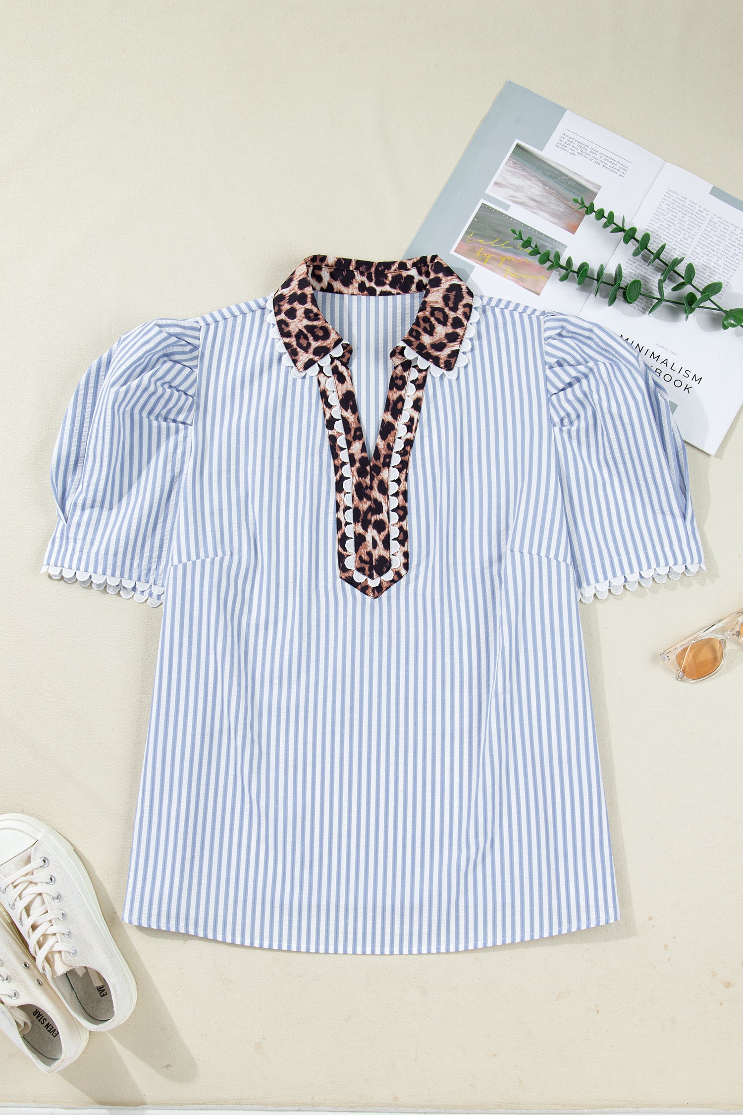 Sky Blue Stripe Plus Size Leopard Patchwork Collar Short Bubble Sleeve Blouse-Plus Size/Plus Size Tops/Plus Size Blouses & Shirts-[Adult]-[Female]-2022 Online Blue Zone Planet