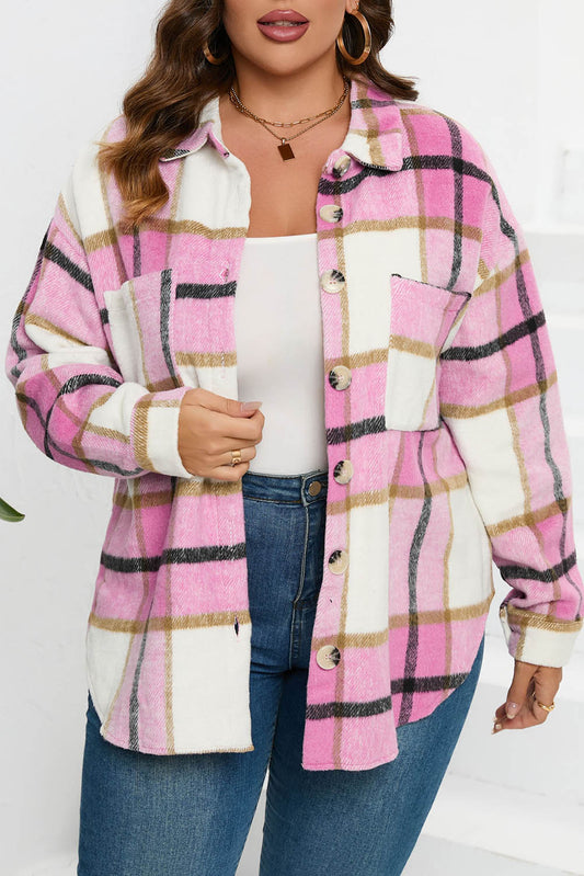Pink Plaid Color Block Buttoned Long Sleeve Jacket with Pocket-Outerwear/Plaid Shackets-[Adult]-[Female]-Pink-2-S-2022 Online Blue Zone Planet