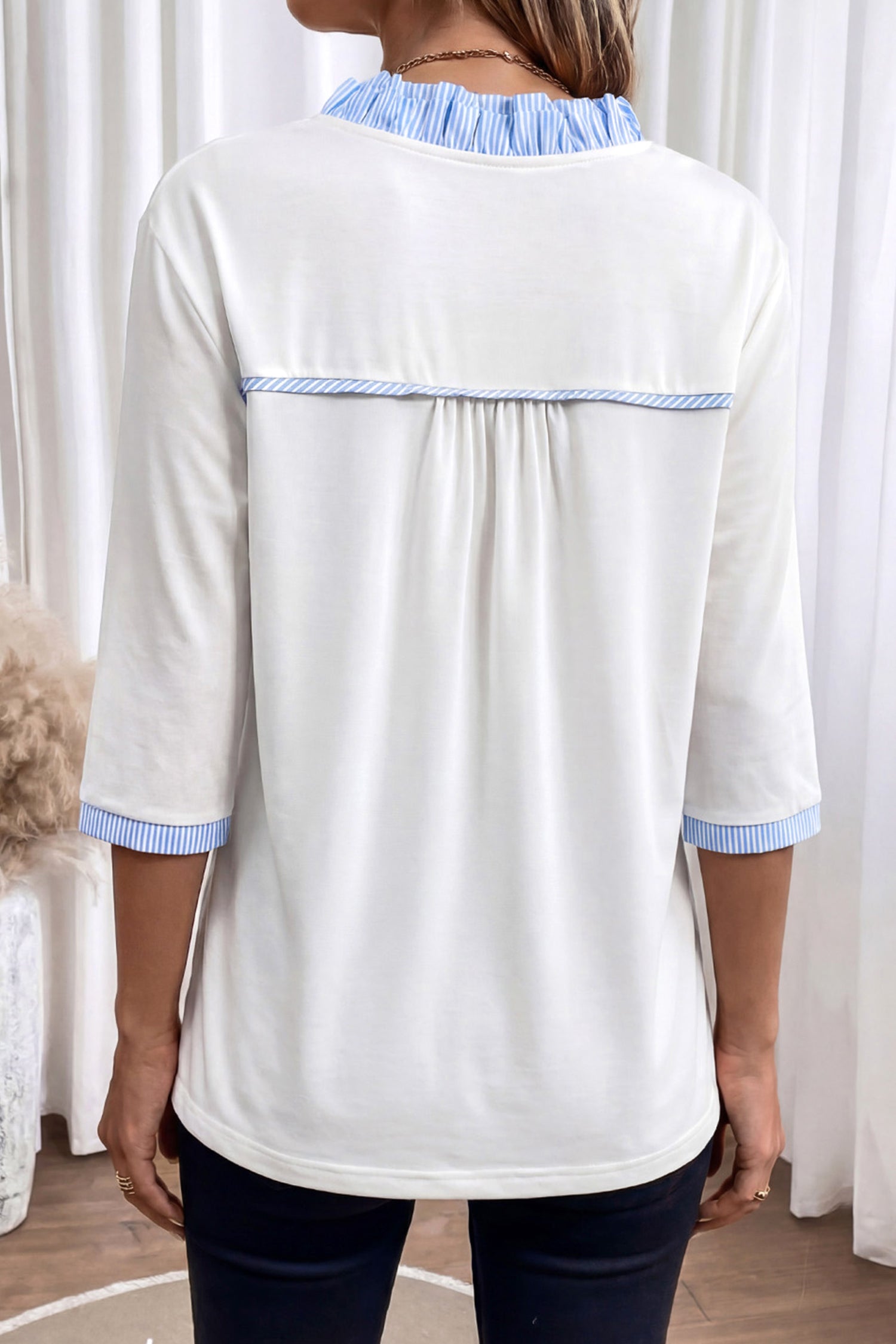 White Striped Patchwork V Neck 3/4 Sleeve Blouse-Tops/Blouses & Shirts-[Adult]-[Female]-2022 Online Blue Zone Planet