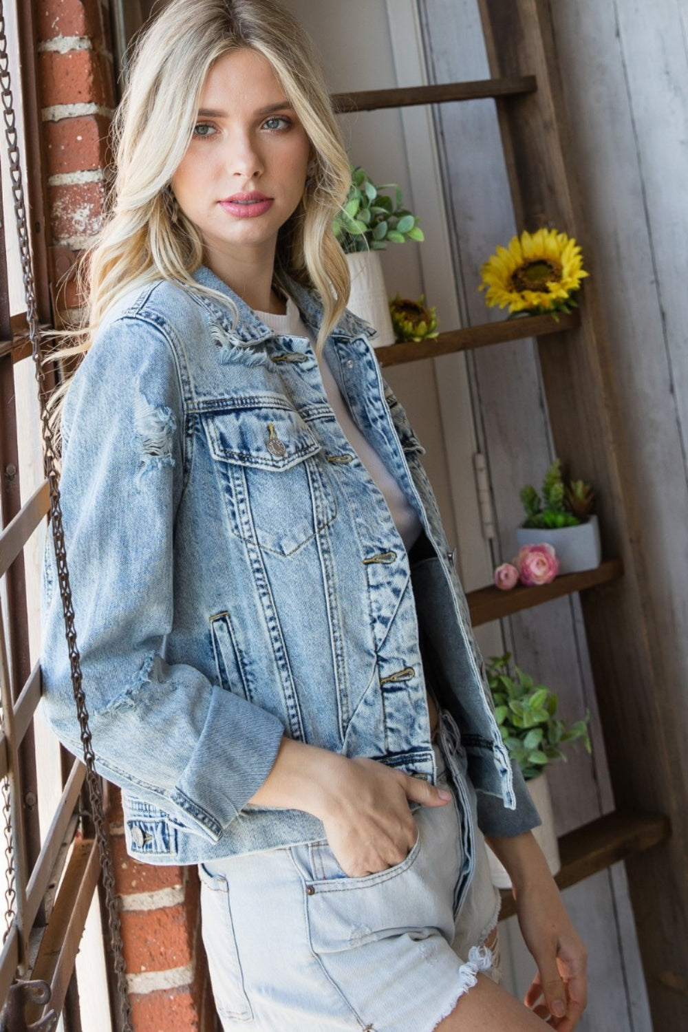 Veveret Distressed Button Up Denim Jacket-TOPS / DRESSES-[Adult]-[Female]-2022 Online Blue Zone Planet