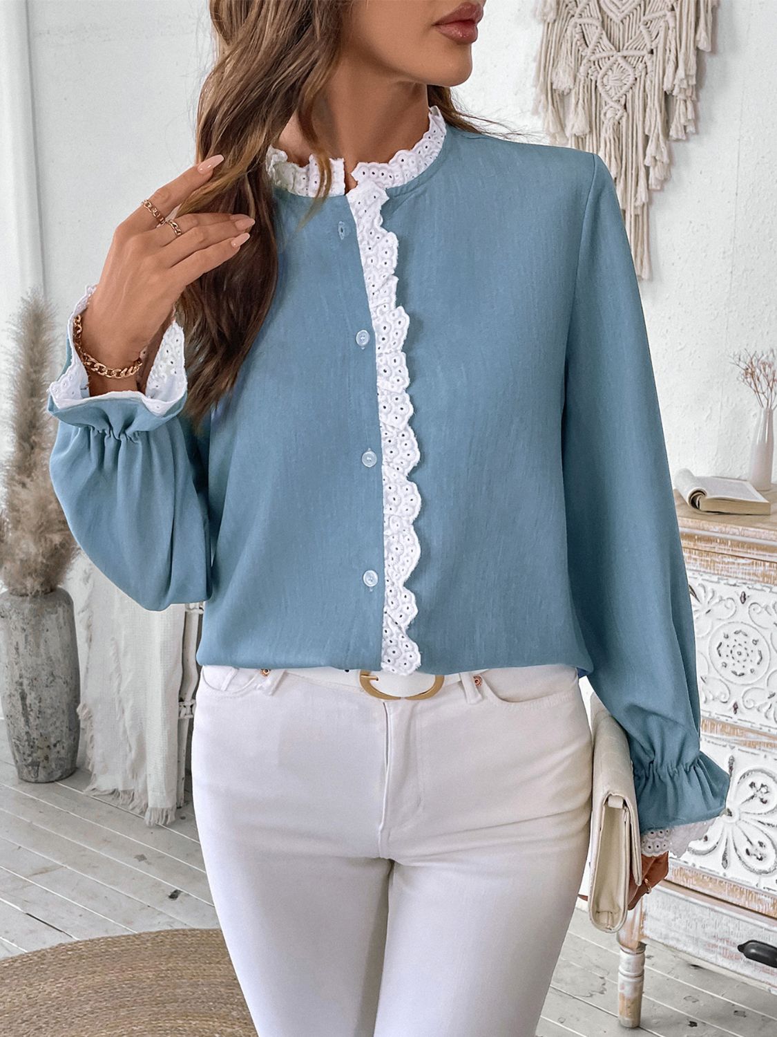 Perfee Lace Detail Button Down Long Sleeve Shirt-TOPS / DRESSES-[Adult]-[Female]-2022 Online Blue Zone Planet